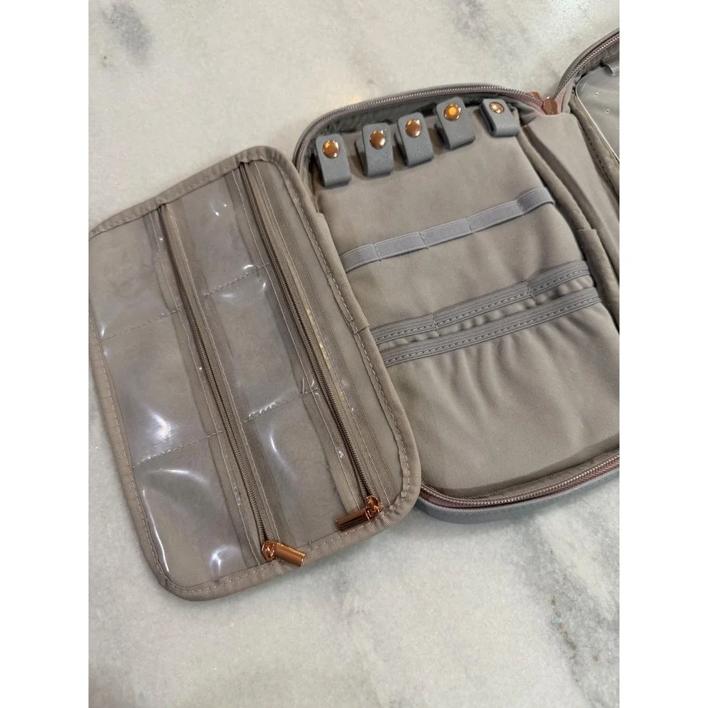 Modus Bags Jewelry Travel Organizer Case Grey Saffiano Vegan Leather Rose Gold